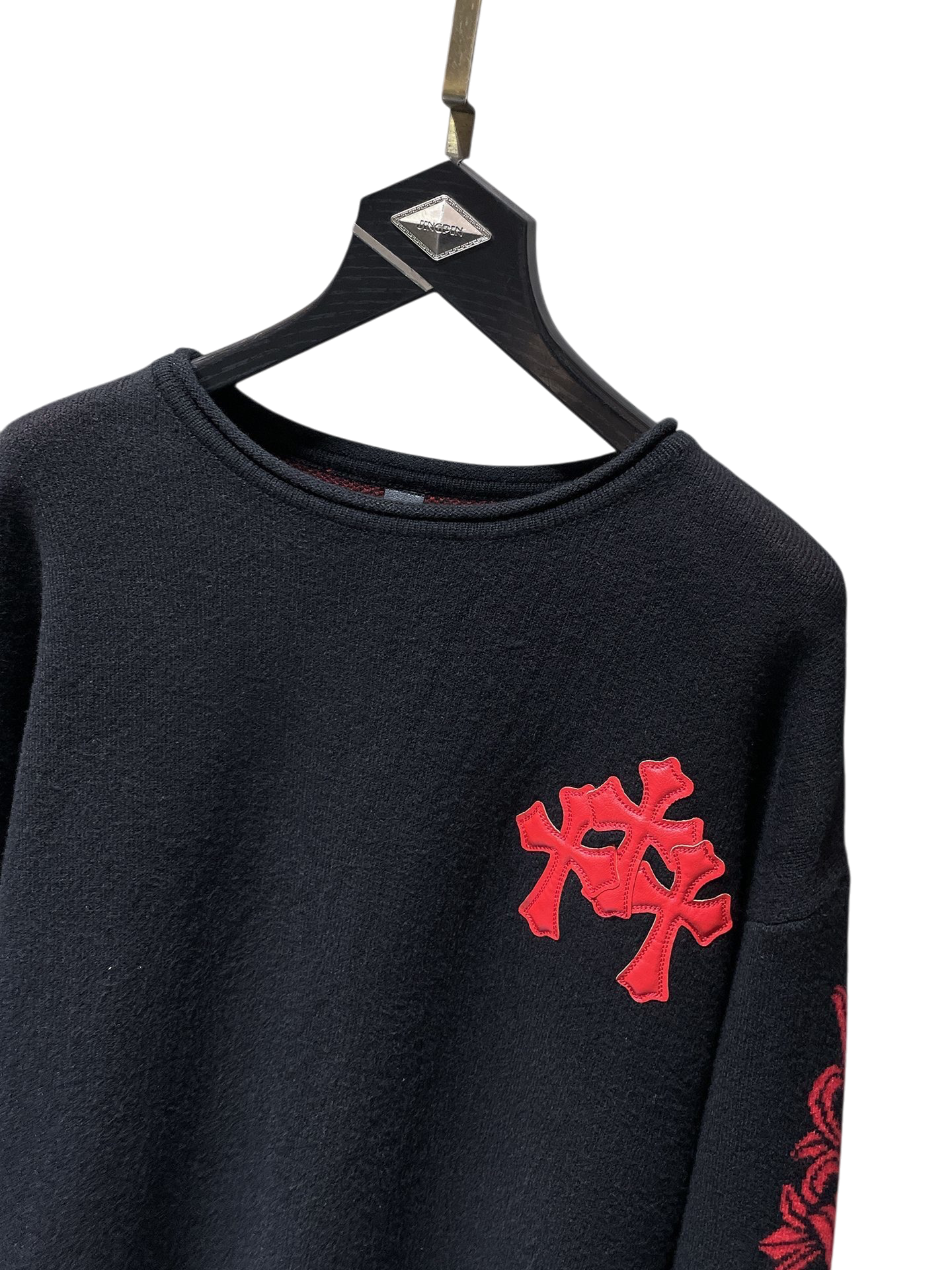 Chrome Hearts Cross Patch Knit Sweater – Black / Red Gothic Sleeve
