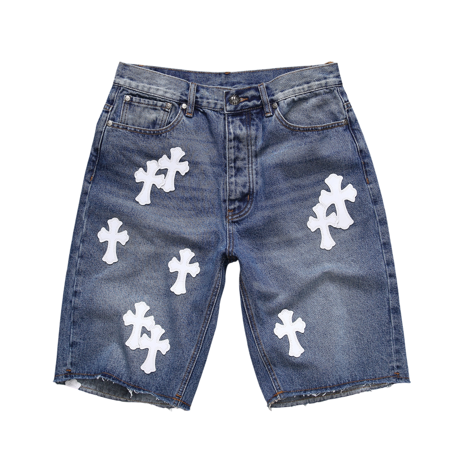 White Cross Patch Denim Shorts – Blue Wash