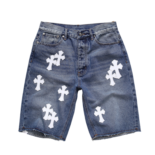 White Cross Patch Denim Shorts – Blue Wash