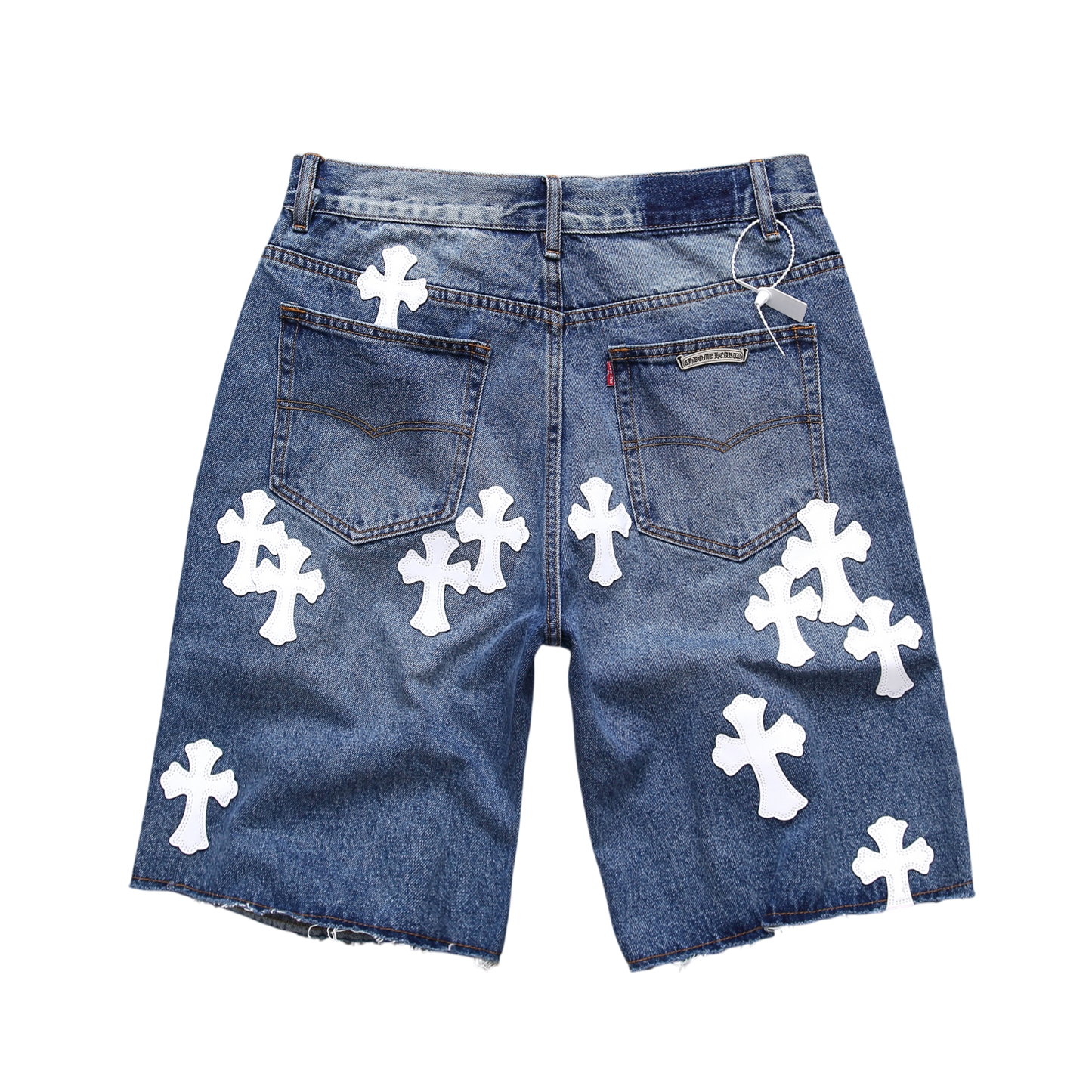 White Cross Patch Denim Shorts – Blue Wash