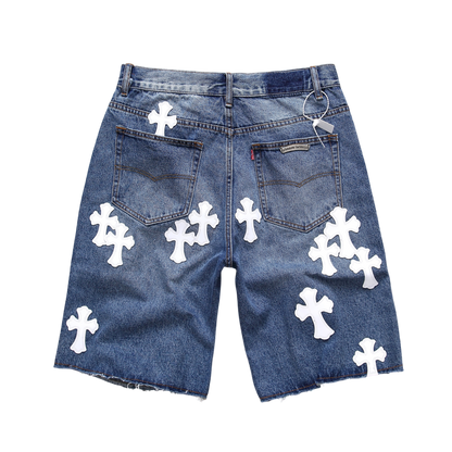 White Cross Patch Denim Shorts – Blue Wash