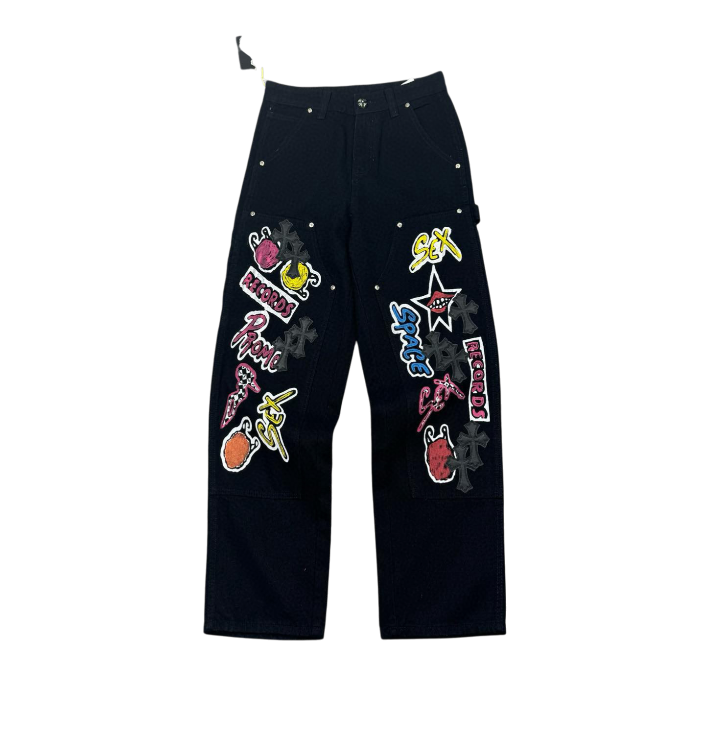 Graphic Patch Denim Pants – Black