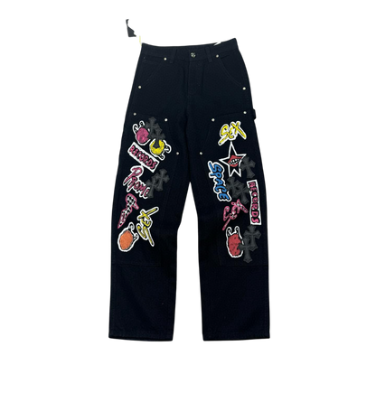 Graphic Patch Denim Pants – Black