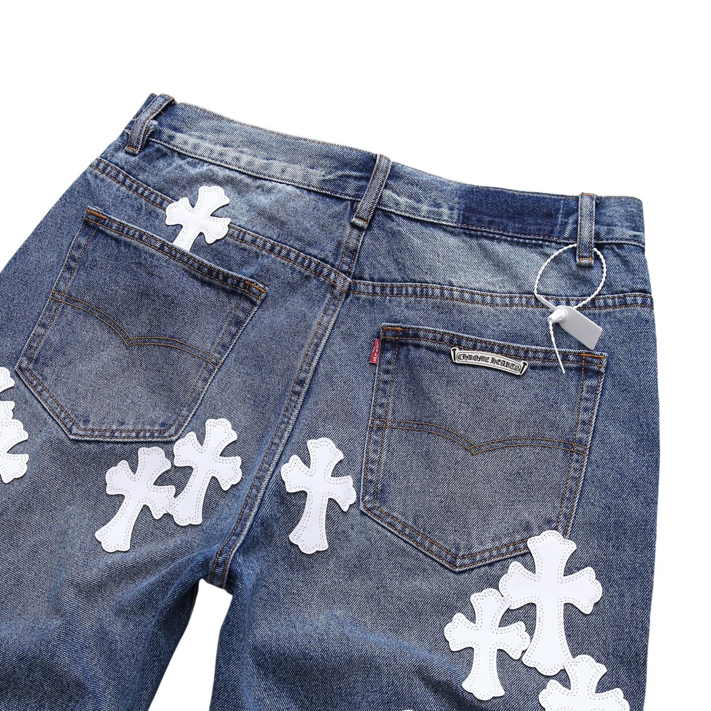 White Cross Patch Denim Shorts – Blue Wash