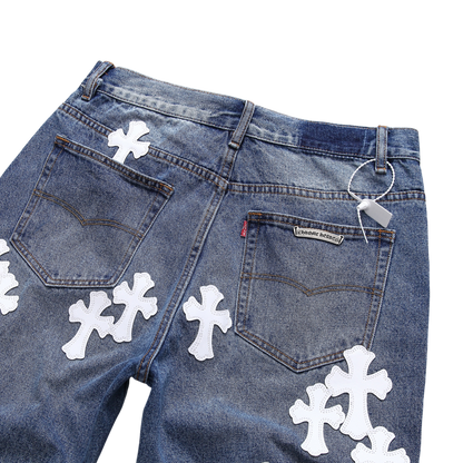 White Cross Patch Denim Shorts – Blue Wash