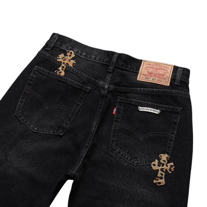 Leopard Cross Patch Denim Jeans – Black