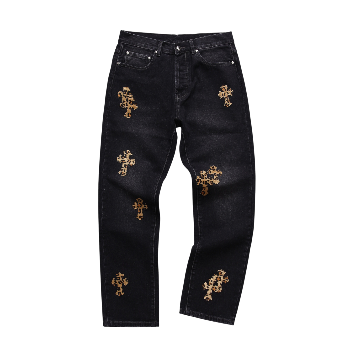 Leopard Cross Patch Denim Jeans – Black