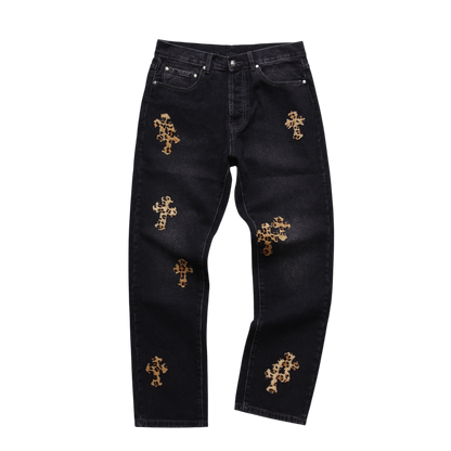 Leopard Cross Patch Denim Jeans – Black