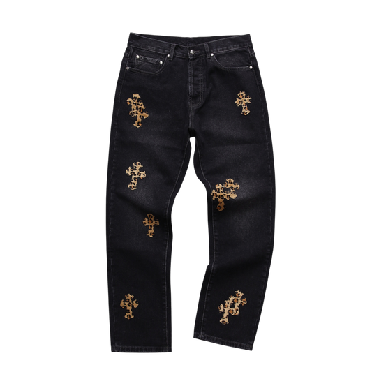 Leopard Cross Patch Denim Jeans – Black
