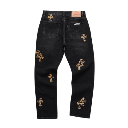 Leopard Cross Patch Denim Jeans – Black
