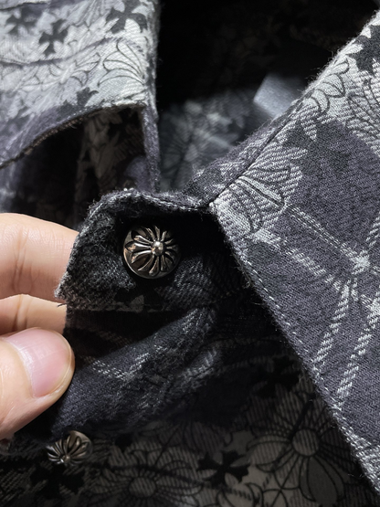 Gothic Cross Plaid Button-Up Shirt