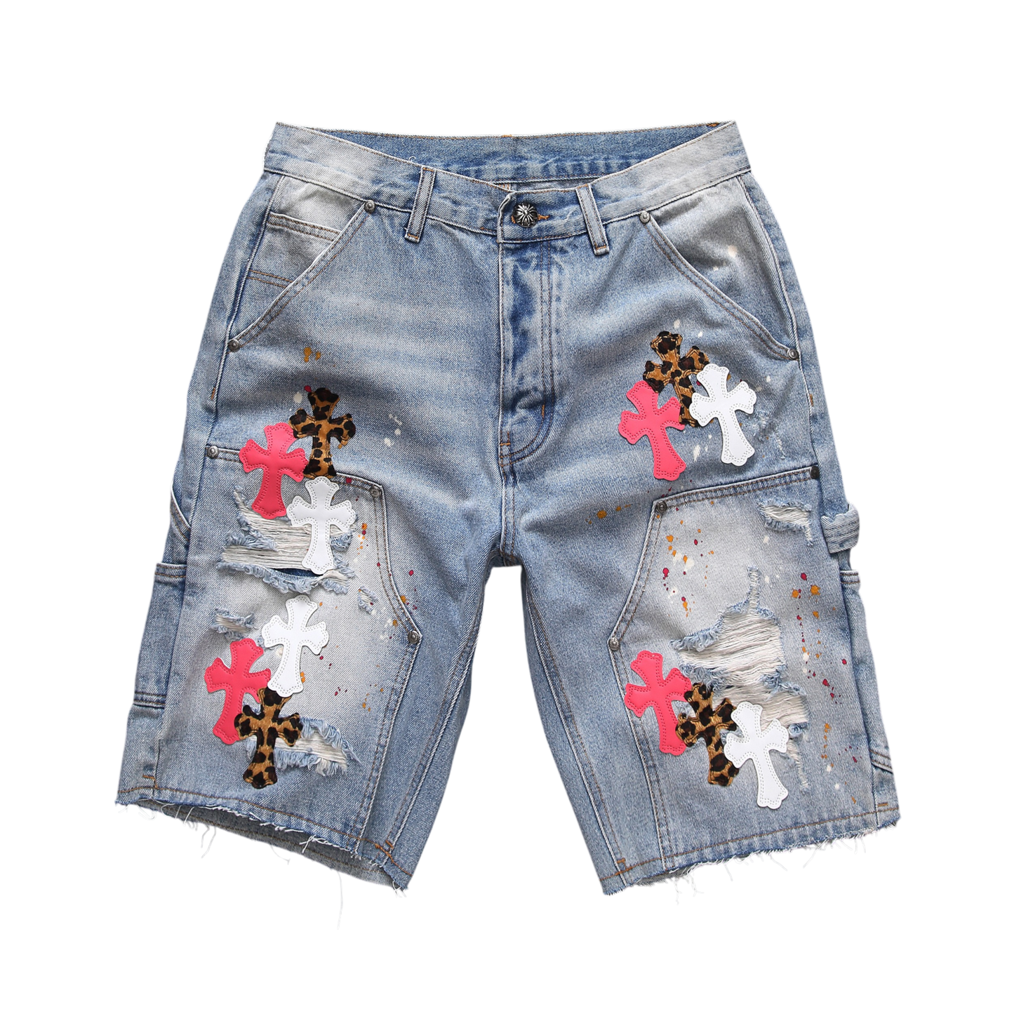 Distressed Cross Patch Denim Shorts – Light Wash
