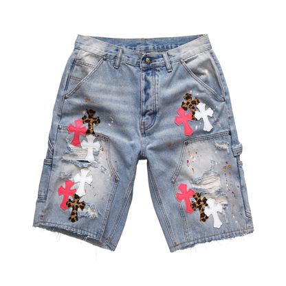 Distressed Cross Patch Denim Shorts – Light Wash