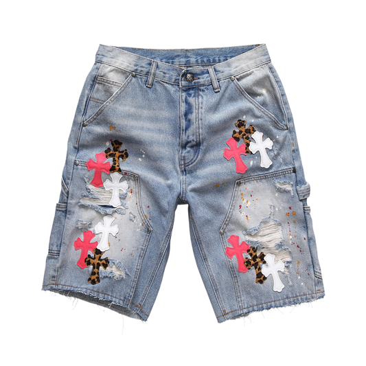 Distressed Cross Patch Denim Shorts – Light Wash