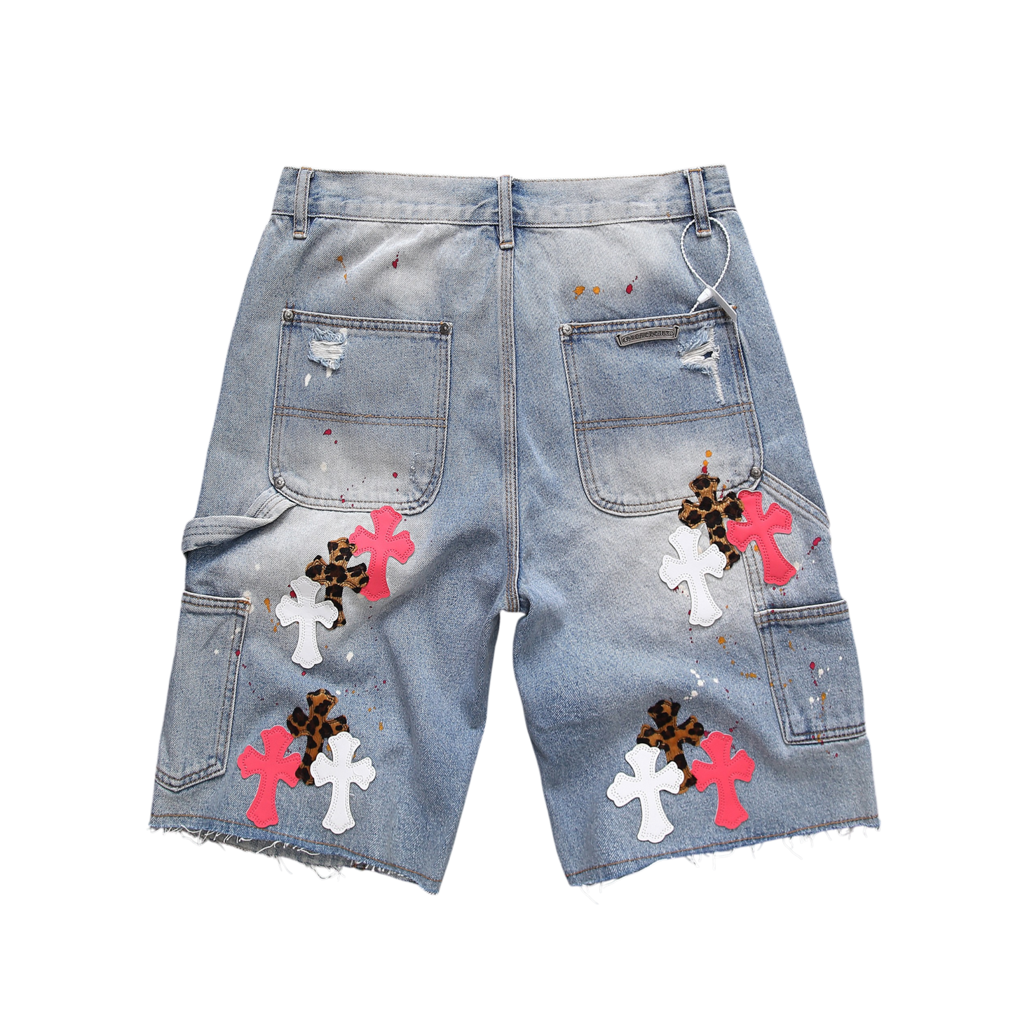 Distressed Cross Patch Denim Shorts – Light Wash