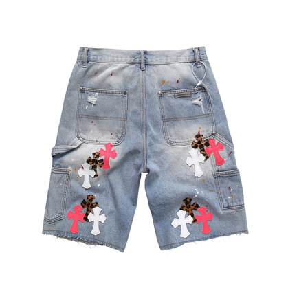 Distressed Cross Patch Denim Shorts – Light Wash