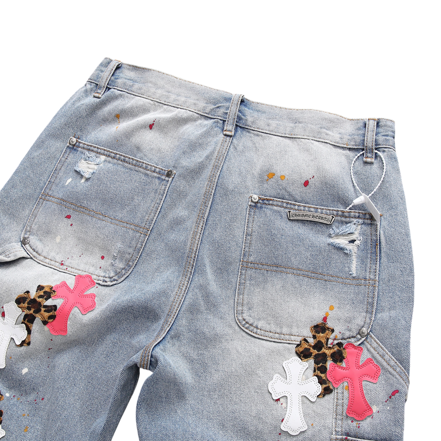 Distressed Cross Patch Denim Shorts – Light Wash