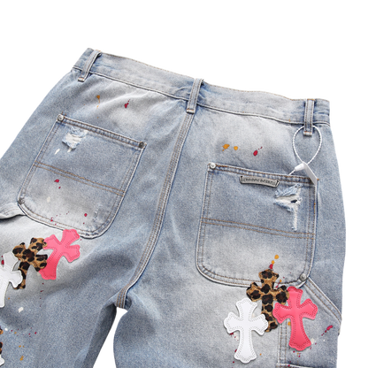 Distressed Cross Patch Denim Shorts – Light Wash